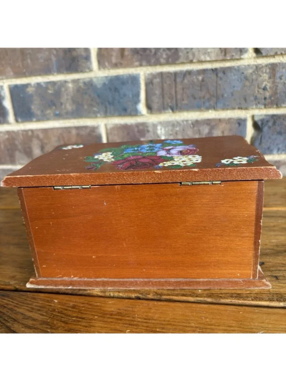 Vintage Small  Wooden Jewelry Box With Drawer Floral Decoupage Rub-on Transfer